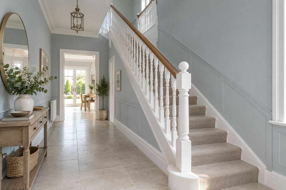 A freshly painted hallway and staircase with crisp white woodwork (illustrative)